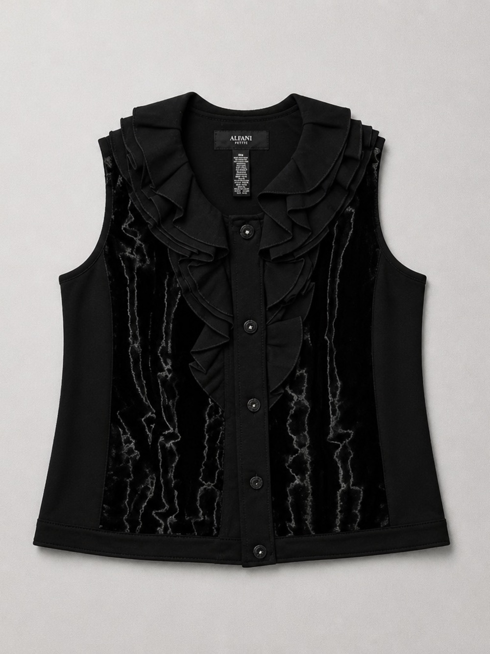Alfani Black Ruffle-Front Velvet Panel Button-Down Top